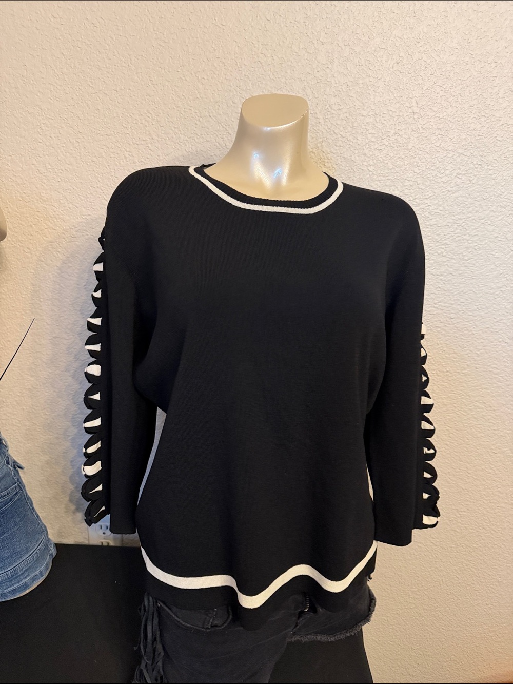 Black Sweater with White Ladder Ribbon Sleeve Detail